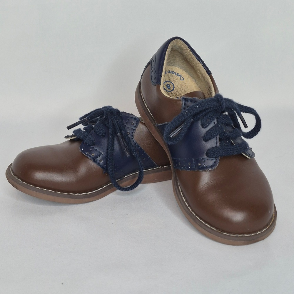FootMates Connor Brown Navy Leather Saddle Shoes Kids Retro Classic Size 8 Wide